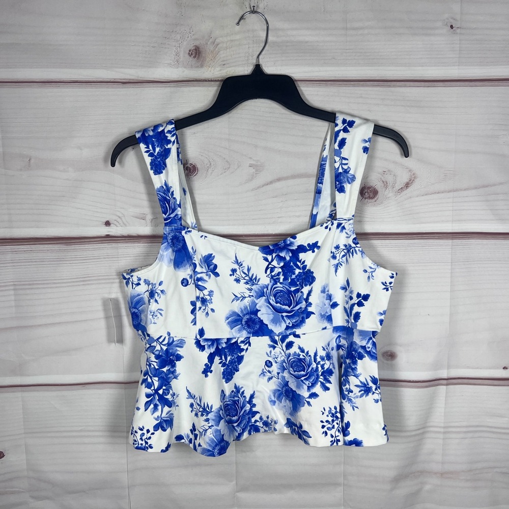 Maeve Top Women XL White Blue Floral Tank Peplum Anthropologie Sleeveless Crop